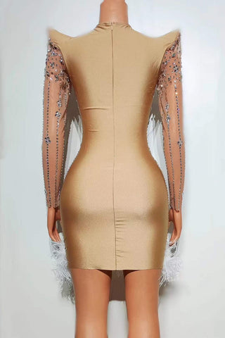 Glamorous Crystal-Embellished Feather Hem Dress