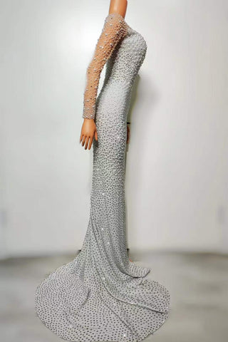 Luxurious Long Sleeve Beaded Gown with High Slit