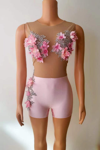 Floral Applique and Crystal Embellished Mesh Top and Shorts Set