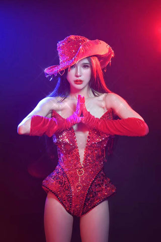 Dazzling Red Bejeweled Bodysuit with Matching Hat and Gloves