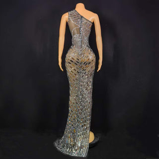 Elegant One-Shoulder Sheer Beaded Gown with High Slit