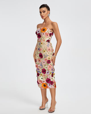 Ships in 1 to 3 Days - Strapless Sheer Midi Dress with Intricate Floral Embroidery