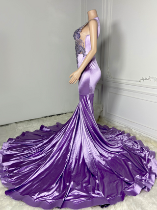 Luxurious Purple Satin Mermaid Gown with Beaded Neckline and Dramatic Train