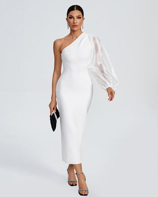 Ships in 1 to 3 Days - One-Shoulder Gown with Sheer Balloon Sleeve