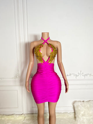 Ships in 1 to 3 Days - Vibrant Pink Halter Mini Dress with Gold Beaded Accents