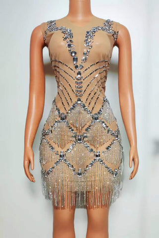 Exquisite Rhinestone Embellished Mesh Mini Dress with Fringe Detail