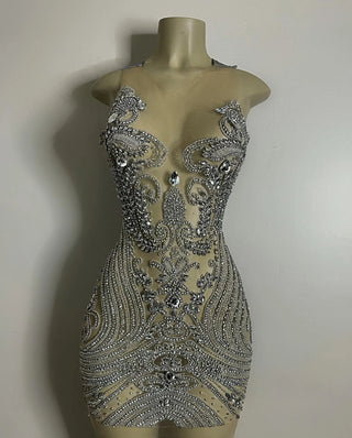 Exquisite Sheer Mini Dress with Ornate Crystal Embellishments