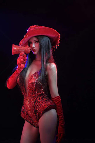 Dazzling Red Bejeweled Bodysuit with Matching Hat and Gloves