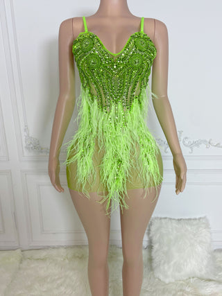 Ready To Ship in 1 to 3 Days - Vibrant Beaded and Feathered Mini Dress with Spaghetti Straps