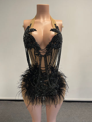 Enchanting Black Halter Mini Dress with Feather and Crystal Embellishments