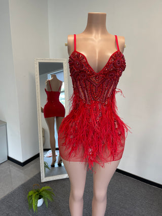 Ready To Ship in 1 to 3 Days - Vibrant Beaded and Feathered Mini Dress with Spaghetti Straps