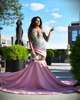 Stunning Pink Mermaid Gown with Crystal Embellishments and Sheer Details