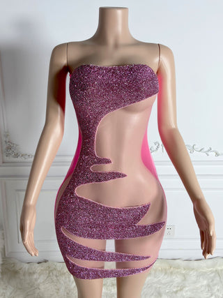 Daring Pink and Glitter Mini Dress with Sheer Cutouts