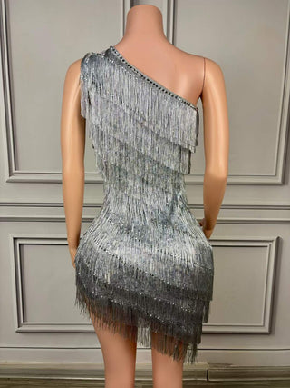 Dazzling One-Shoulder Silver Fringe Mini Dress