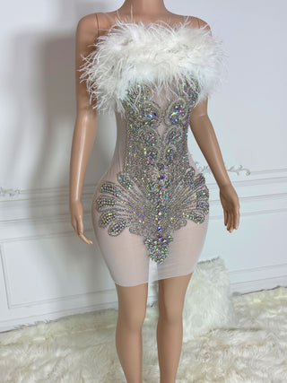 Ships in 1 to 3 Days - Luxurious Feather and Beaded Mini Dress with Sheer Panels