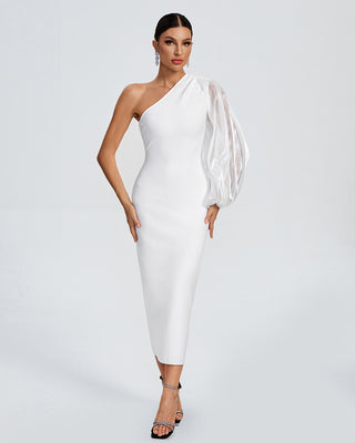 Ships in 1 to 3 Days - One-Shoulder Gown with Sheer Balloon Sleeve