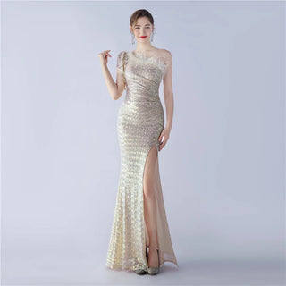 Sequin One-Shoulder Prom Dress with Mermaid Evening Dress with Feathers