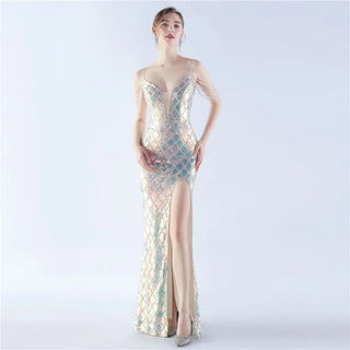 V-Neck Sequin Floor-Length Trumpet Prom Dress