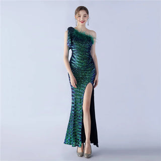 Sequin One-Shoulder Prom Dress with Mermaid Evening Dress with Feathers