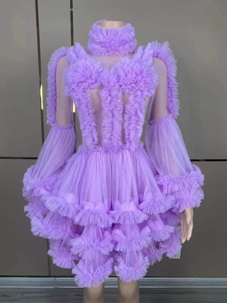 Elegant Lilac Ruffled Sheer High-Neck Dress