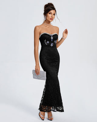 Ships in 1 to 3 Days - Strapless Lace Gown with Embroidered Floral Accents