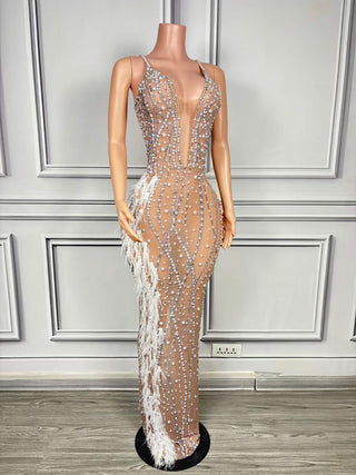 Ships in 1 to 3 Days - Elegant Sheer Nude Gown with Sequin and Feather Embellishments