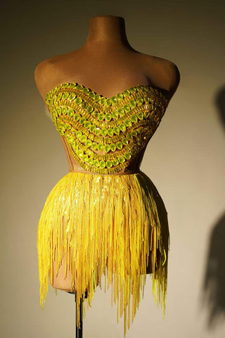 Vibrant Yellow Crystal Embellished Fringe Dress