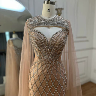 Arabic Nude Cape Sleeves Beaded Saudi Evening Gown – 2025 Customized Elegance