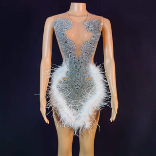 Glamorous Sheer Beaded Mini Dress with Feather Details