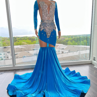 Exquisite Blue Velvet Gown with Crystal-Embellished Bodice