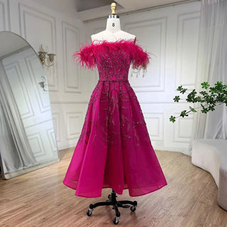 Ships in 1 to 3 Days - Arabic Lilac Dreams: 2024 A-Line Ankle-Length Evening Gown - Luxury Beaded Feather Dress for Women's Wedding Party