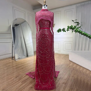 Luxurious Dubai Arabian Nude Mermaid Evening Dress with Long Cape - Elegant Gown for Women's Wedding Party 2024