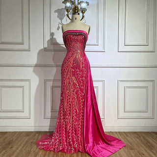 Ships in 1 to 3 Days - 2024 Arabic Gold Strapless Satin Mermaid Beaded Luxury Dubai Evening Gown with Side Skirt for Women's Party