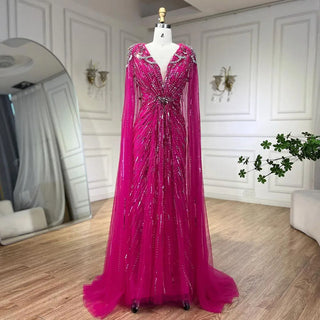 Arabic Turquoise Mermaid Evening Dress 2024 with Beaded Cape Sleeves, Elegant Luxury - Ideal for Women's Wedding Party