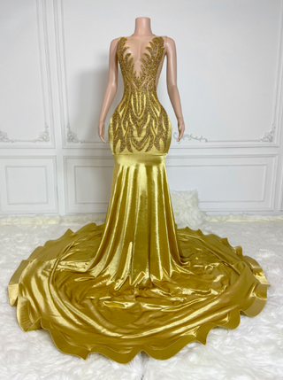 Golden Sequin Fitted Gown with Dramatic Train and Open Back