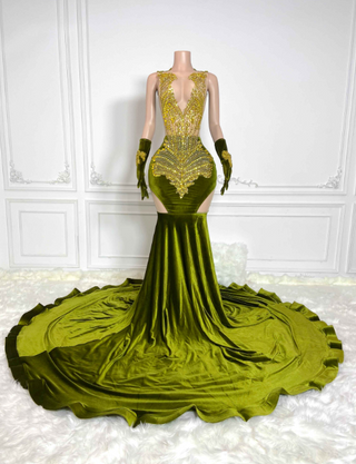 Luxurious Green Velvet Beaded Mermaid Gown with Feathered Train