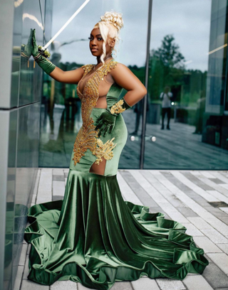 Luxurious Green Velvet Beaded Mermaid Gown with Feathered Train