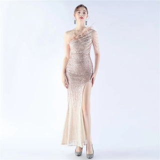 Gradient Sequin One-Shoulder Floor-Length Prom Dress with Ostrich Feathers