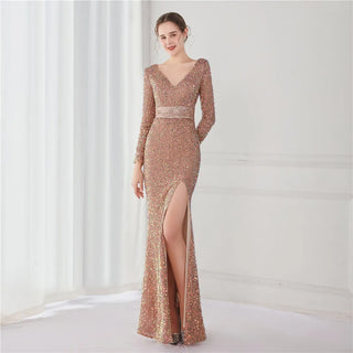 V-Neck Sequin Trumpet Evening Dress with Long Sleeves - Mermaid Formal Gown for Women