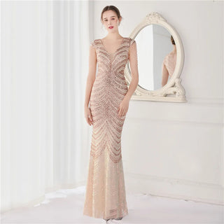 V Neck Prom Dresses Floor-Length Sequin Trumpet Mermaid Evening Gown