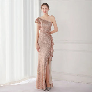 Elegant One-Shoulder Sequin Evening Dress for Weddings and Special Events