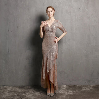 V-Neck Sequin Evening Dress with Trumpet Mermaid Skirt and Pleated Design