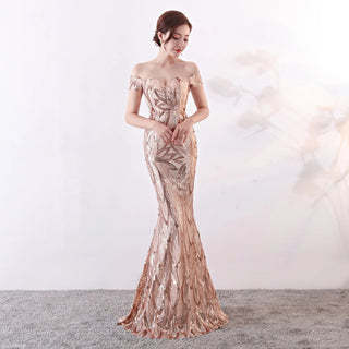 Glamorous Floor-Length Sequined Prom Dresses with Boat Neck and Mermaid Skirt