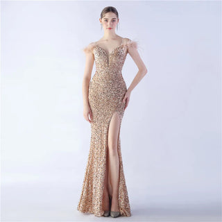 Sweetheart Floor-Length Sequin Prom Dress Feather Mermaid Prom Dresses