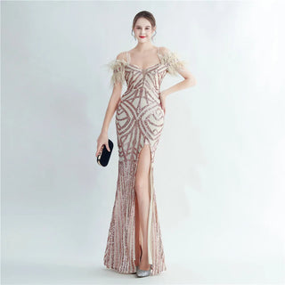 Elegant Boat Neck Floor-Length Sequin Mermaid Prom Dress with Feather Accents