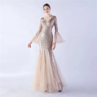 Champagne V-Neck Sequin Mermaid Trumpet Evening Dress - Floor-Length Elegant Prom Gown