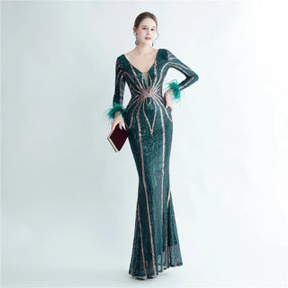 Elegant V-Neck Sequin Mermaid Prom Dress with Long Sleeves