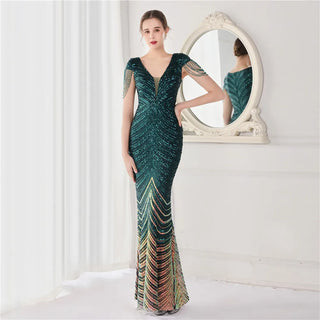 V Neck Prom Dresses Floor-Length Sequin Trumpet Mermaid Evening Gown