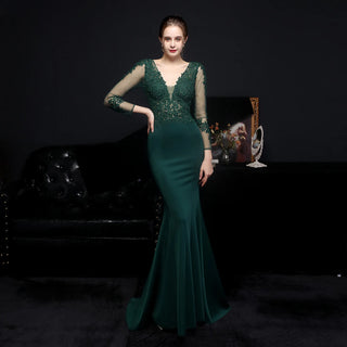 Champagne V-Neck Floor-Length Evening Dress with Mermaid Skirt for Women