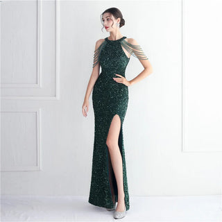 Elegant Red Halter Sequin Evening Dress with Trumpet Mermaid Hem and Floor-Length Skirt